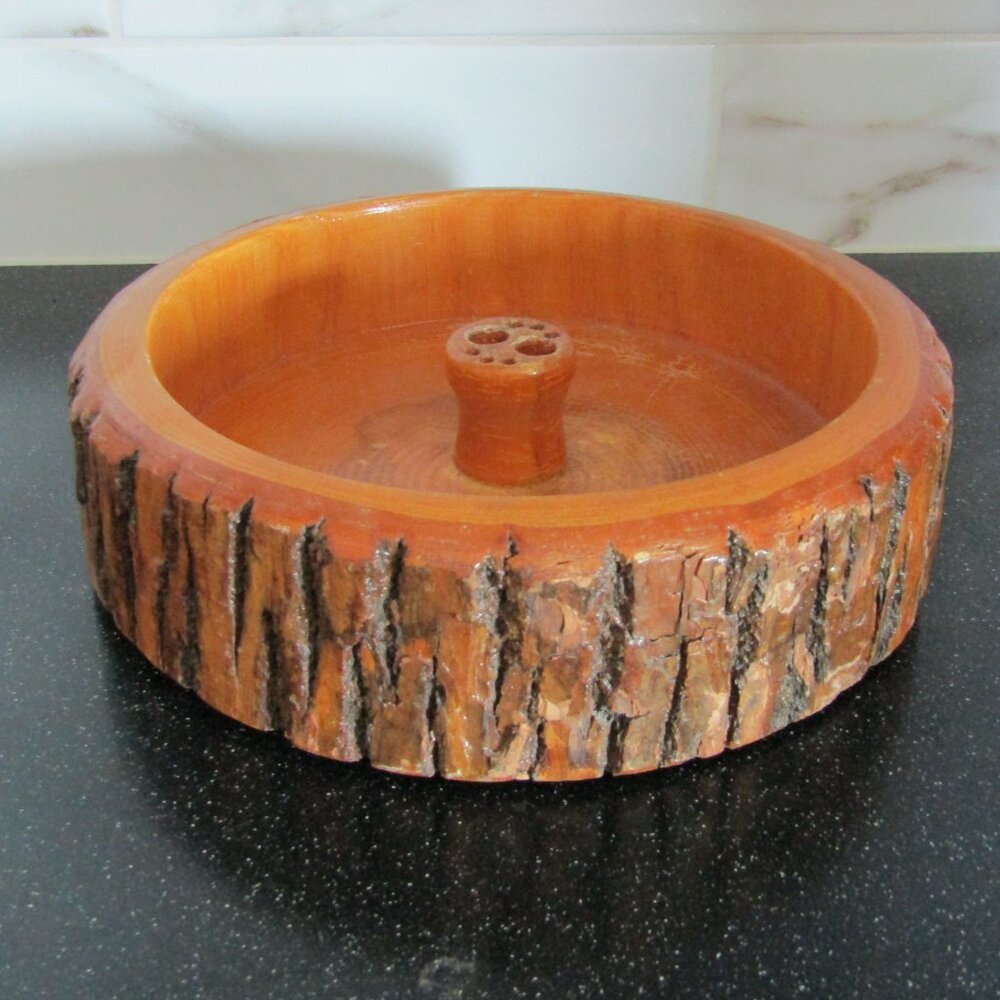 Vintage MCM wood nut bowl with bark edges